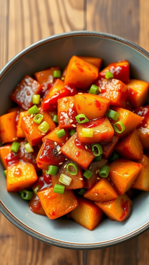 A colorful Spicy Korean Potato Stir-Fry with gochujang sauce and garnished with green onions and sesame seeds.